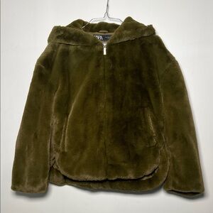 Zara Olive Green Faux Fur Hooded Jacket